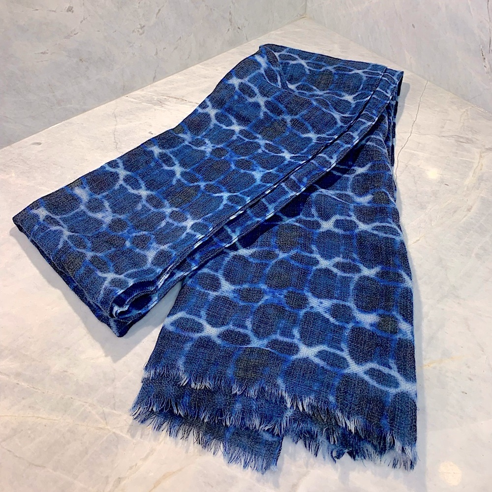 Unisex wool scarf in gorgeous blues & white - soft, light and warm 27” x 75”